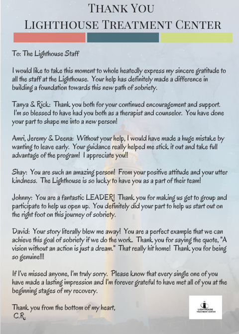 Thank You Letter to Lighthouse Treatment Center from a client