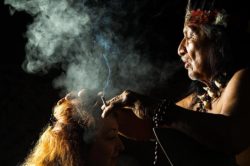shaman and a woman during a real ayahuasca ceremony in Ecuador 